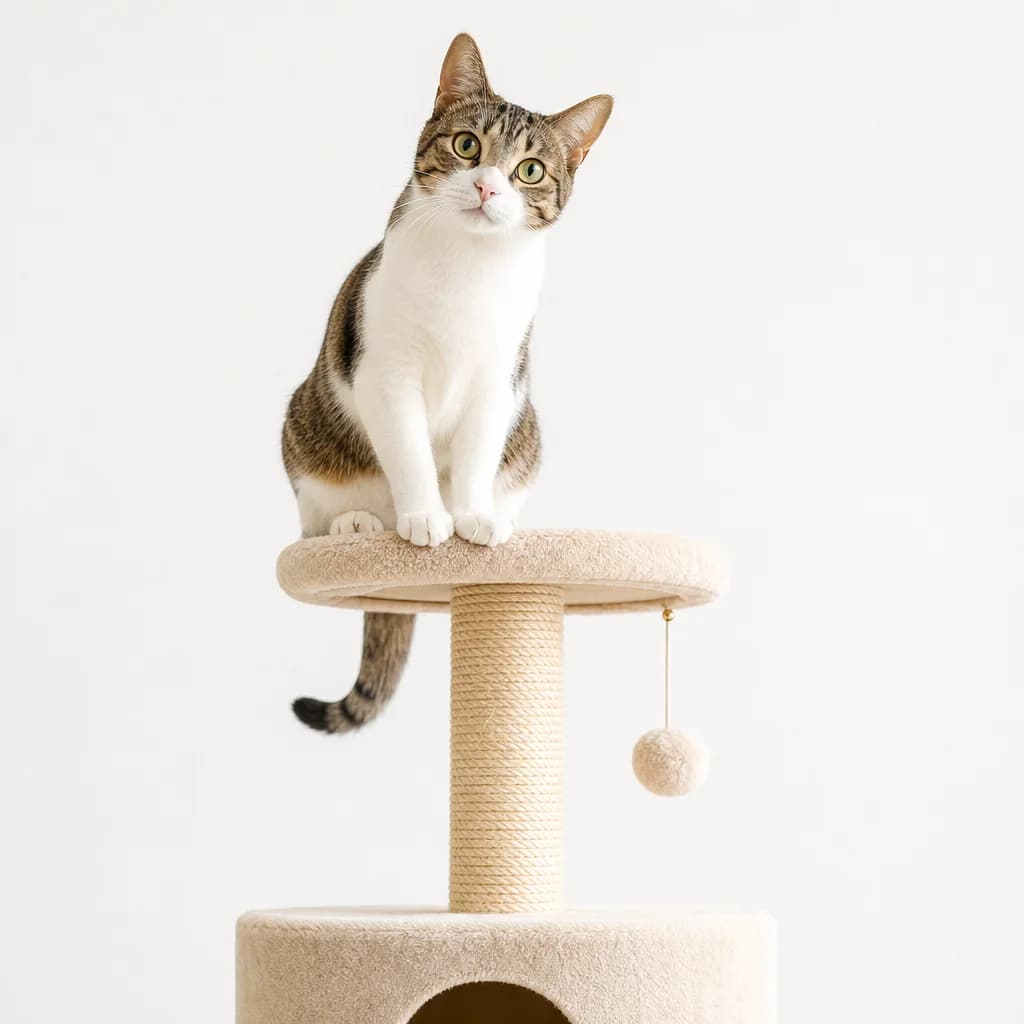 Cat perched on a scratching post tower